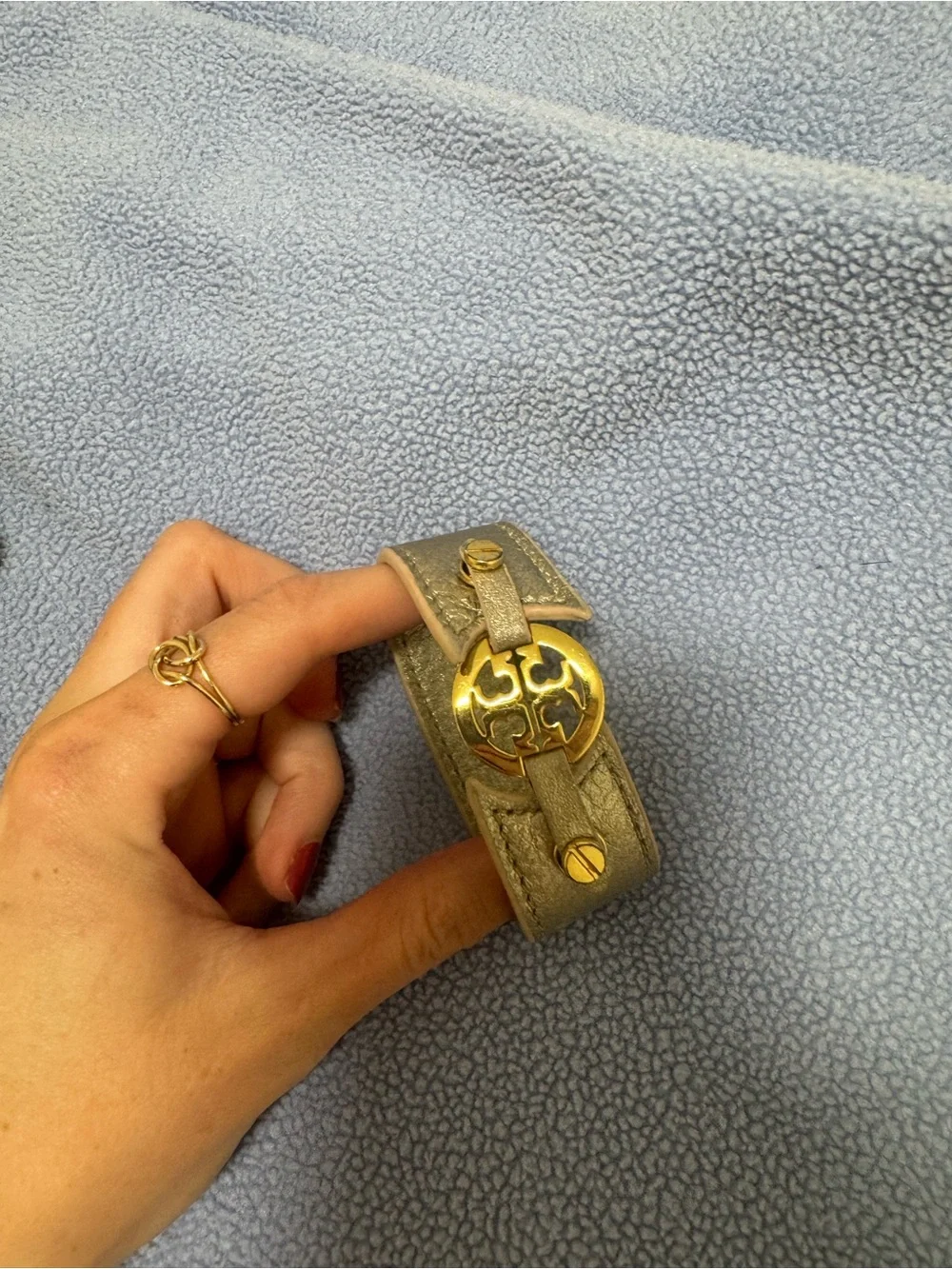 Tory Burch Gold Logo Accent Gray Leather Cuff Bracelet